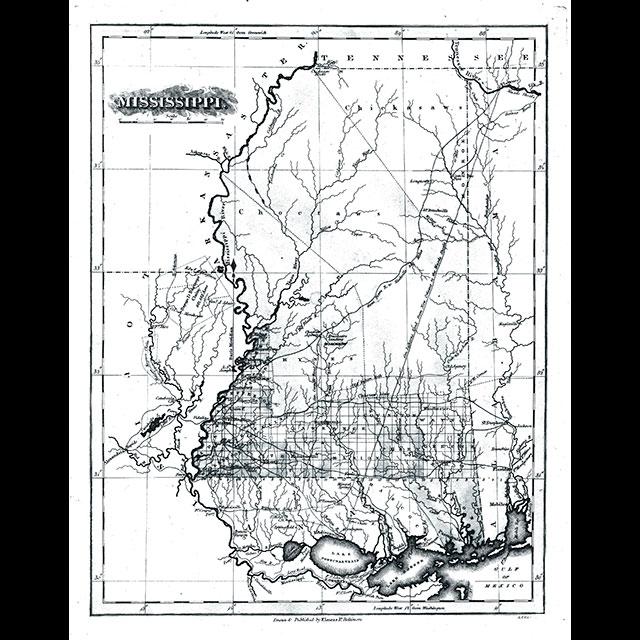 A black-and-white map of the newly established state of Mississippi. The right side of the map does not show a clear boundary with Alabama, but follows the other boundaries south along the Gulf Coast, northwest along the Mississippi River, and the eastern boundary shared with Tennessee.