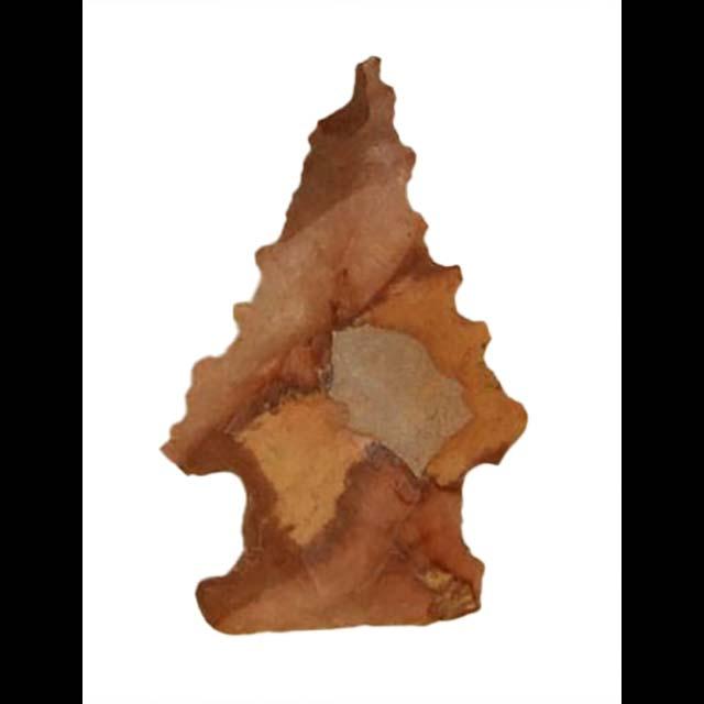 A projectile point made of mottled brown and orange stone on a white background. The point is in the shape of a triangle with the bottom left and bottom right corners notched in for hafting. The left and right edges are serrated. 