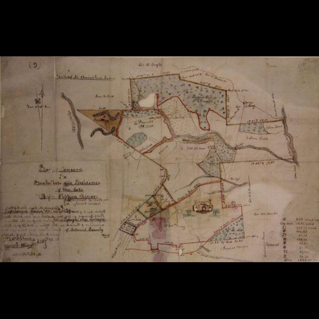 A color hand-drawn map of Natchez in 1725. The paper has yellowed. Various borders are outlined in red and yellow. Water sources are shaded light blue. The handwritten text is in French.