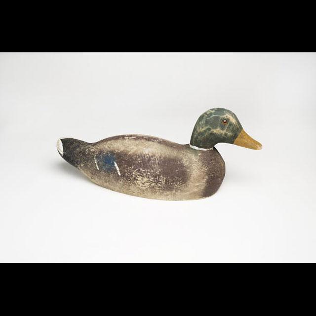 A color photograph of a wooden duck decoy. The body is light colored wood, with dark painted areas that mirror feathers. The head is green and the bill is orange. There are some signs of wear on the body and head.